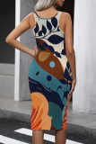 Apricot Casual Floral U Neck One Step Skirt Dresses