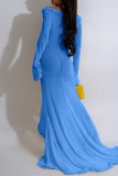 Blue Sexy Solid Hollowed Out Patchwork Off the Shoulder Long Dresses