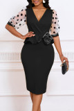 Yellow Elegant Dot Patchwork Slit V Neck A Line Dresses