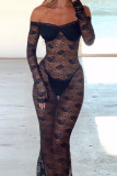 Black Sexy Solid Lace Patchwork See-through Off the Shoulder Long Dresses