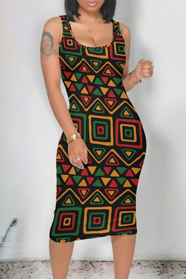 Black Casual Geometric Print Contrast U Neck One Step Skirt Dresses