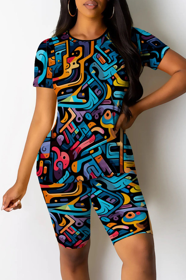 Blue Orange Casual Print Patchwork O Neck Short Sleeve Two Pieces
