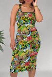 Blue Casual Print Patchwork U Neck Wrapped Skirt Dresses