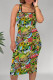 Multicolor Casual Print Patchwork U Neck Wrapped Skirt Dresses