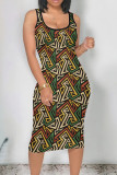Red Yellow Vintage Print Patchwork U Neck Wrapped Skirt Dresses