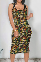 Green Yellow Vintage Print Patchwork U Neck Wrapped Skirt Dresses