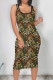 Green Yellow Vintage Print Patchwork U Neck Wrapped Skirt Dresses