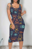 Navy Blue Casual Print Graffiti U Neck One Step Skirt Dresses
