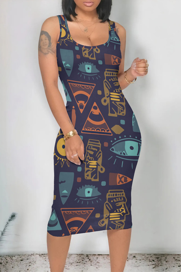 Navy Blue Casual Print Graffiti U Neck One Step Skirt Dresses