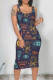 Navy Blue Casual Print Graffiti U Neck One Step Skirt Dresses