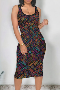 Blue Black Vintage Print Patchwork U Neck Wrapped Skirt Dresses