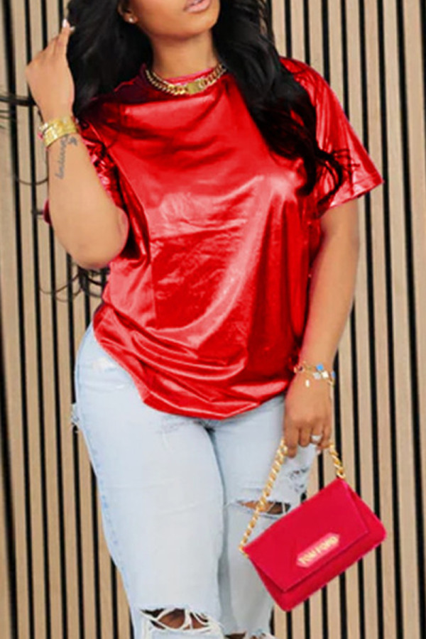 Red Casual Solid Patchwork O Neck T-Shirts
