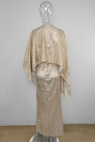 Cream White Celebrities Solid Patchwork Slit Off the Shoulder Long Sleeve Two Pieces