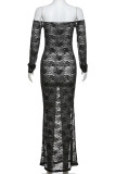 Black Sexy Solid Lace Patchwork See-through Off the Shoulder Long Dresses