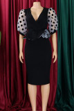 Yellow Elegant Dot Patchwork Slit V Neck A Line Dresses