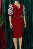Yellow Elegant Dot Patchwork Slit V Neck A Line Dresses