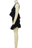 Black Street Solid Patchwork Fold Stringy Selvedge O Neck Sleeveless Two Pieces