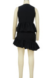 Black Street Solid Patchwork Fold Stringy Selvedge O Neck Sleeveless Two Pieces