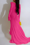 Rose Red Sexy Solid Hollowed Out Patchwork Off the Shoulder Long Dresses