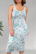 Blue Casual Print Patchwork U Neck Wrapped Skirt Dresses