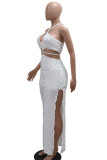 White Sexy Solid Bandage Hollowed Out Patchwork Backless High Opening Halter Long Dresses