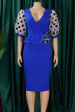 Yellow Elegant Dot Patchwork Slit V Neck A Line Dresses