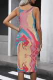 Blue Casual Gradient Print Contrast U Neck One Step Skirt Dresses