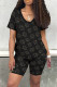 Black Casual Print Patchwork V Neck Short Sleeve Two Pieces
