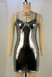 Grey Sexy Solid Patchwork Backless Spaghetti Strap Sling Dresses