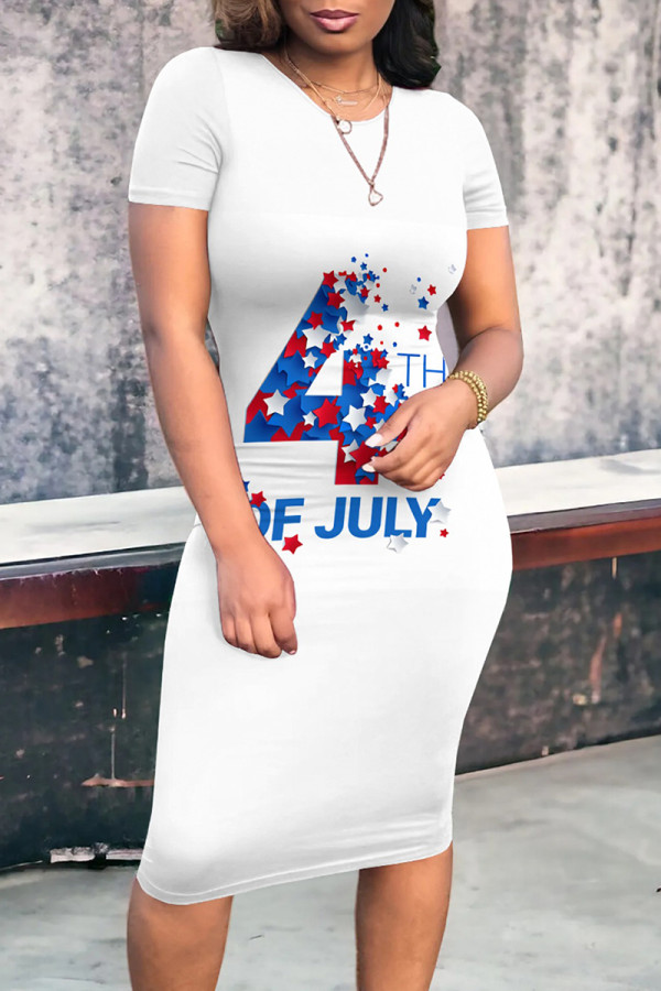 White Street Print Patchwork O Neck Wrapped Skirt Dresses
