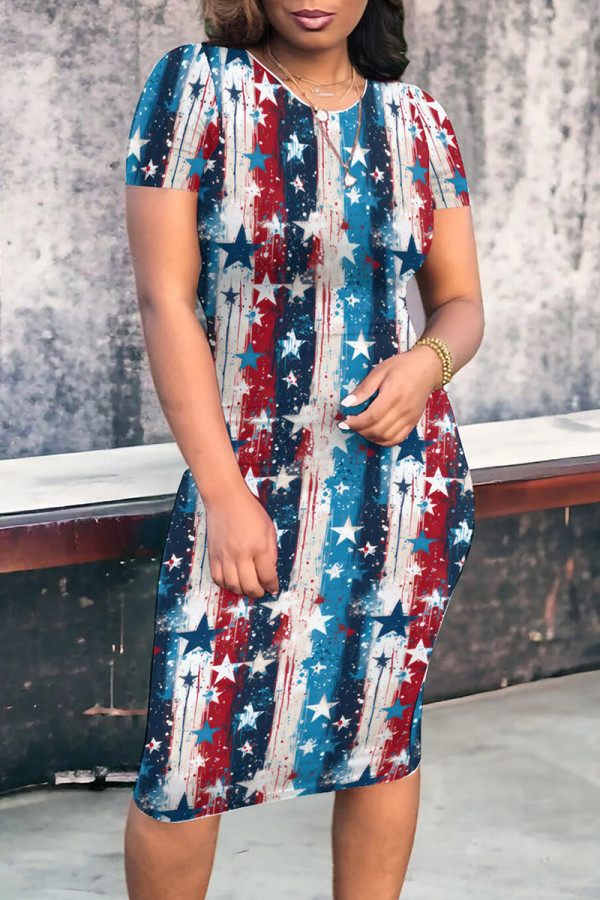 Red White Street Print Patchwork O Neck Wrapped Skirt Dresses