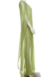White Sexy Solid Hollowed Out Patchwork See-through Mesh V Neck Long Dresses