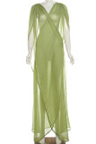 Green Sexy Solid Hollowed Out Patchwork See-through Mesh V Neck Long Dresses
