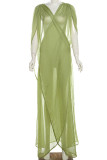 White Sexy Solid Hollowed Out Patchwork See-through Mesh V Neck Long Dresses