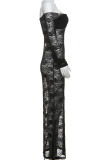 Black Sexy Solid Lace Patchwork See-through Off the Shoulder Long Dresses
