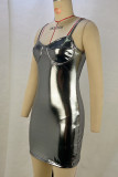 Grey Sexy Solid Patchwork Backless Spaghetti Strap Sling Dresses