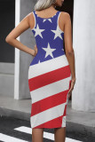 Tibetan Blue Casual Print The stars American Flag Contrast U Neck One Step Skirt Dresses