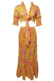 Orange Street Print Bandage Patchwork Fold V Neck Half Sleeve Two Pieces