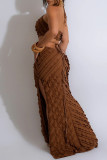 Brown Sexy Solid Bandage Hollowed Out Patchwork Backless High Opening Halter Long Dresses