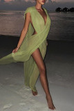 White Sexy Solid Hollowed Out Patchwork See-through Mesh V Neck Long Dresses