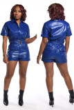 Blue Fashion Sexy Solid Pocket Patchwork zipper PU Short Sleeve Mandarin Collar 