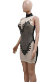 Black Sexy Hollowed Out Sequins Patchwork See-through Mandarin Collar Wrapped Skirt Dresses