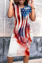 Red Blue Street Print Patchwork O Neck Wrapped Skirt Dresses