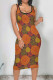 Yellow Vintage Print Patchwork U Neck Wrapped Skirt Dresses