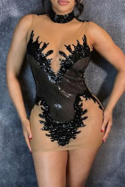 Black Sexy Hollowed Out Sequins Patchwork See-through Mandarin Collar Wrapped Skirt Dresses