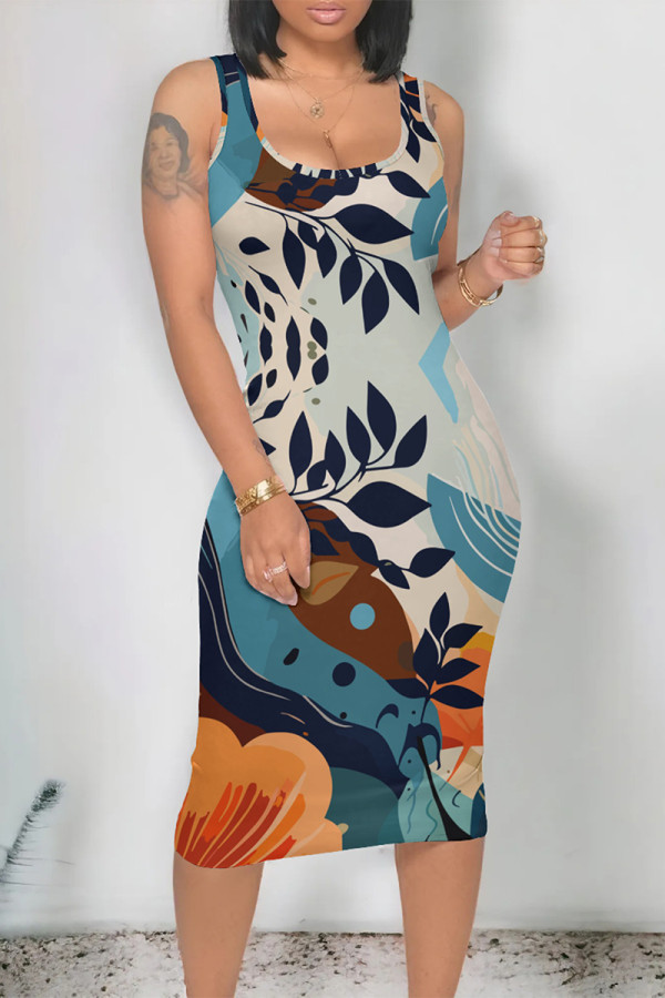 Multicolor Casual Floral U Neck One Step Skirt Dresses