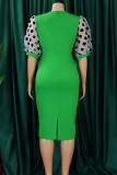 Yellow Elegant Dot Patchwork Slit V Neck A Line Dresses