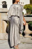 Cream White Celebrities Solid Patchwork Slit Off the Shoulder Long Sleeve Two Pieces