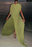 Green Sexy Solid Hollowed Out Patchwork See-through Mesh V Neck Long Dresses