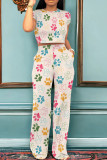 White Casual Print Patchwork Pocket O Neck Short Sleeve Two Pieces